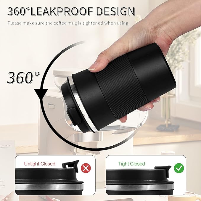 YINBAOGE Insulated Travel Coffee Mug, Spill & Leak Proof, Portable To Go Camping Stainless Steel Coffee Tumbler, Reusable Thermal Coffee Cup with Lid for Hot & Cold Drinks (Black, 17 OZ)