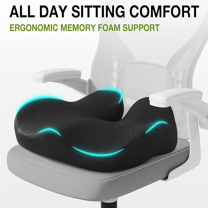 Memory Foam Seat Cushion for Office Chair, Car, Wheelchair – Coccyx Tailbone Support Pad for Sciatica & Back Pain Relief, Ergonomic Chair Cushion for Home, Travel, Work Desk (Black)