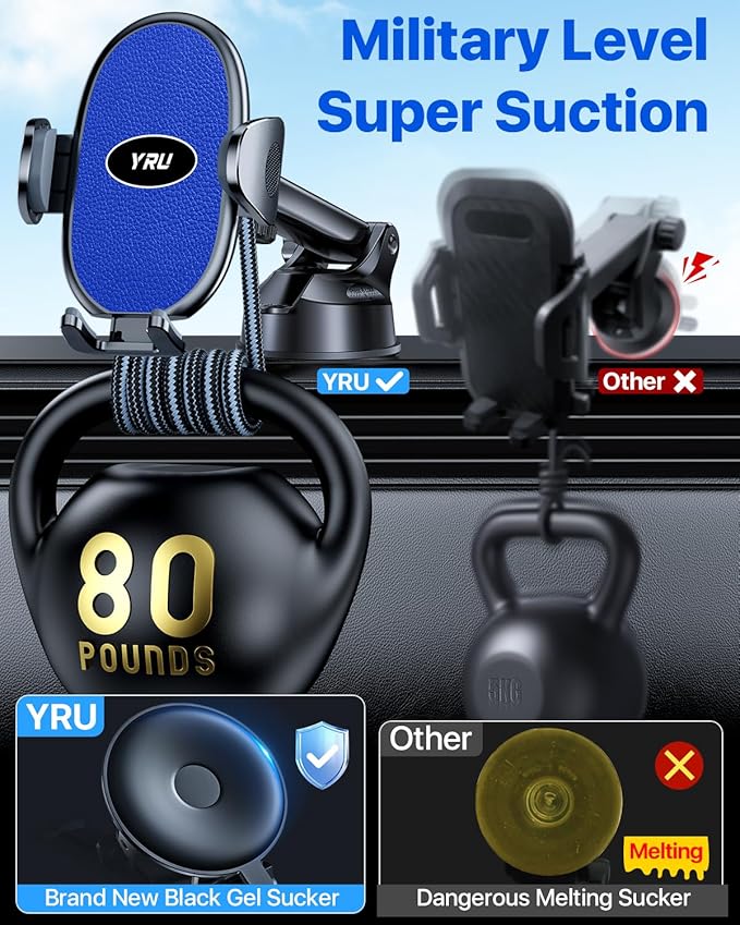 YRU [2025 Upgraded Universal Car Phone Holder Mount【 360° Rotatable&Strong Suction】 Cell PhoneHolder Car Dashboard Windshield Phone Holder Dash Stand for iPhone 16 15 14 13 Samsung Truck, Light Blue