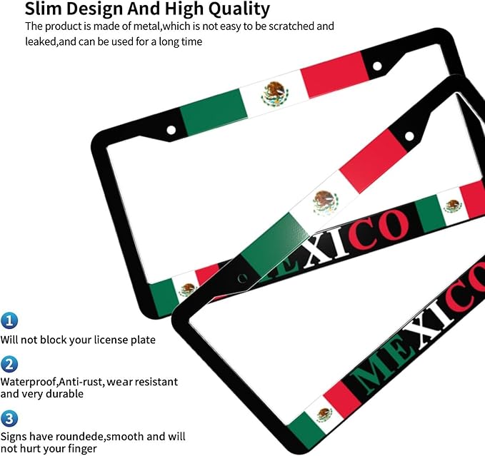 Mexican Flag License Plate Frames Personalized Flag Decoration Car Tags Aluminum Metal License Plate Covers Customized Mexican Flag License Plate Holders for Men and Women with Accessories 2 Holes