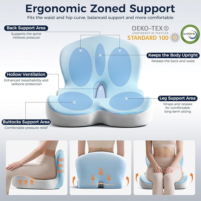 Seat Cushion, Office Chair Cushions for Lower Back Tailbone Protect, Seat Cushions for Office Chair with L-Shaped Ergonomic Design, Memory Foam Chair Cushion for Long Sitting Office Worker(Blue Grey)