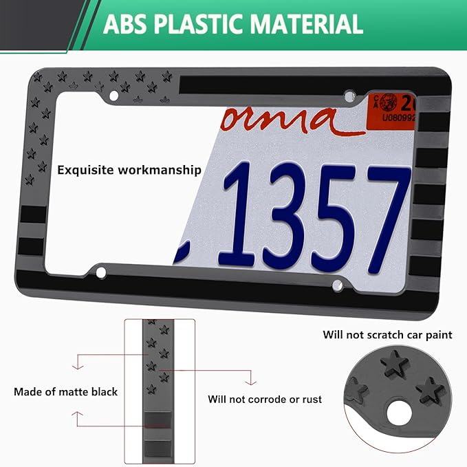 Black American Flag License Plate Frame- Front Rear Patriotic USA Car Tag Frames, 2 Pack 4 Hole Subdued 3D Embossed Stars and Stripes Plastic Holder with Mounting Hardware Kit