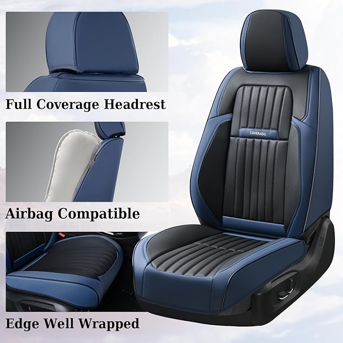 Coverado Car Seat Covers Front, Seat Covers for Cars, Waterproof 2-Pack Car Seat Cushions, Leather Carseat Seat Protectors, Universal Seat Covers Fit for Most Sedans SUV Pick-up Trucks(Blue&Black)