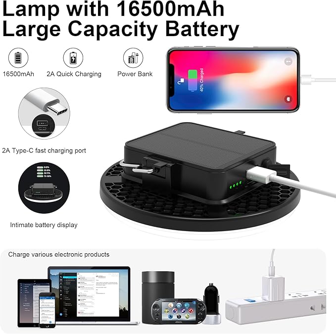 16500mAh 60W Rechargeable Solar Camping Light 3000LM 2700/4000/6500K LED Camping Lantern Portable Waterproof Tent Light Solar Power Failure for Christmas Day Gift (Remote)