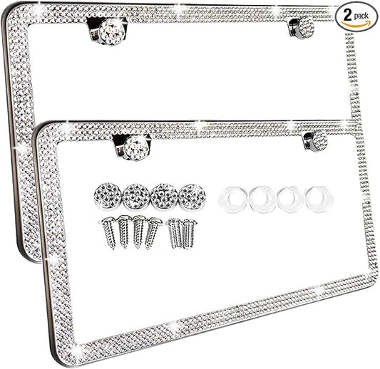 SunplusTrade Bling License Plate Frame for Women 2 Pack Sparkly License Plate Frames Bedazzled Diamond Rhinestone Crystals (Silver)