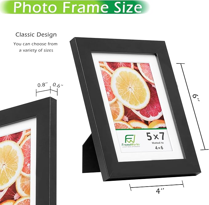 FrameWorks 2-Pack, 5x7 Matted to 4x6 Picture Frame, Black – Classic Wooden Photo Frame with Tempered Glass, Modern Matte Finish for Prints, Posters, Certificates & Wall Decor – Gallery-Ready
