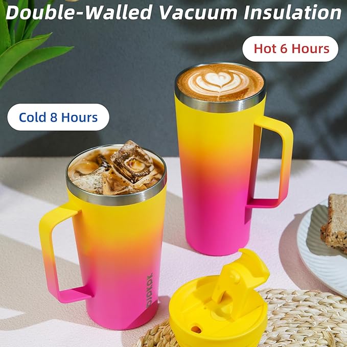 BJPKPK Insulated Tumbler with Handle, 22oz Insulated Tumblers with Lid and Straw, Stainless Steel Metal Water Bottles, Coffee Travel Mugs, Cups, Pink & Yellow Rose