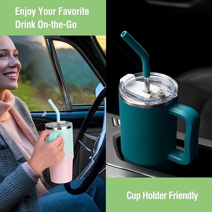 Zukro 24 oz Ceramic Lined Insulated Tumbler with Handle and Straw, No Metal Taste or Smell, Travel Coffee Mug with Spillproof Lids, No Sweat Stainless Steel Cup, Dishwasher Safe, Navy Blue