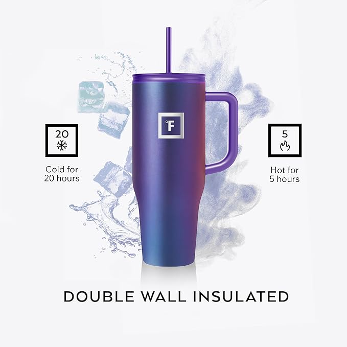 IRON °FLASK Co-Pilot Insulated Mug w/Straw & Flip Cap Lids - Cup Holder Bottle for Hot, Cold Drink - Leak-Proof- Water, Coffee Portable Travel Tumbler - Lavender, 40 Oz