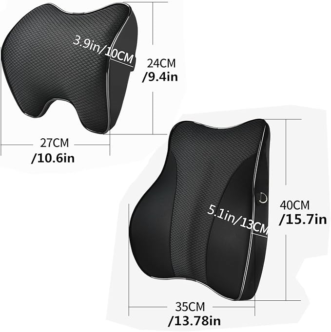 Lumbar Support and Car Neck Pillow for Office Chair and Car Seat ,Softness Memory Foam Erognomic Seat Cushion with Adjustable Strap,Comfortable Ergonomic Design (Black, Polyester)
