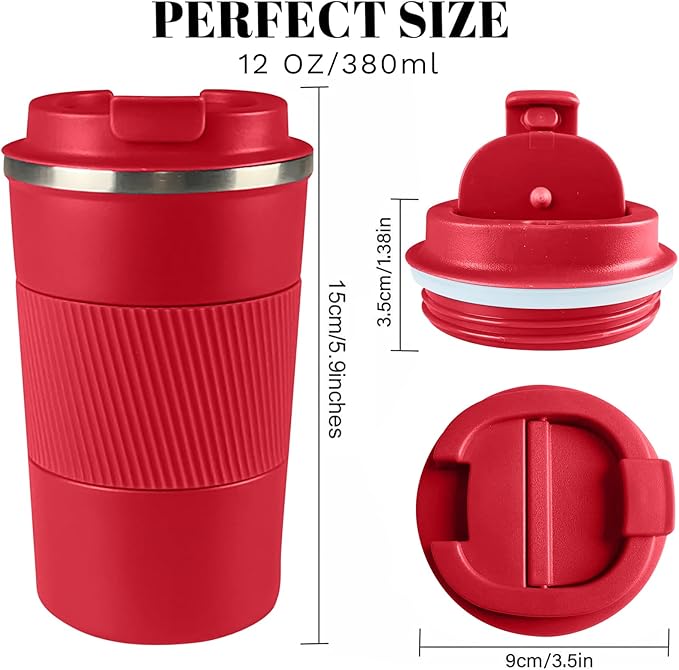 YINBAOGE Insulated Travel Coffee Mug, Spill & Leak Proof, Portable To Go Camping Stainless Steel Coffee Tumbler, Reusable Thermal Coffee Cup with Lid for Hot & Cold Drinks (Red, 12 OZ)