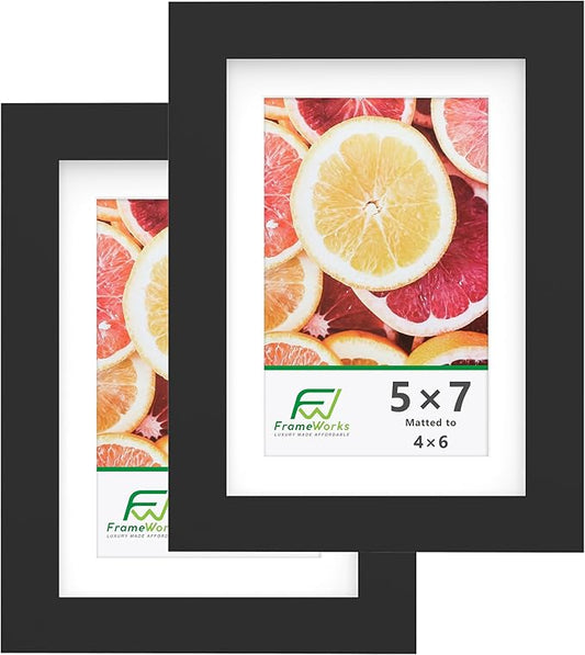 FrameWorks 2-Pack, 5x7 Matted to 4x6 Picture Frame, Black – Classic Wooden Photo Frame with Tempered Glass, Modern Matte Finish for Prints, Posters, Certificates & Wall Decor – Gallery-Ready