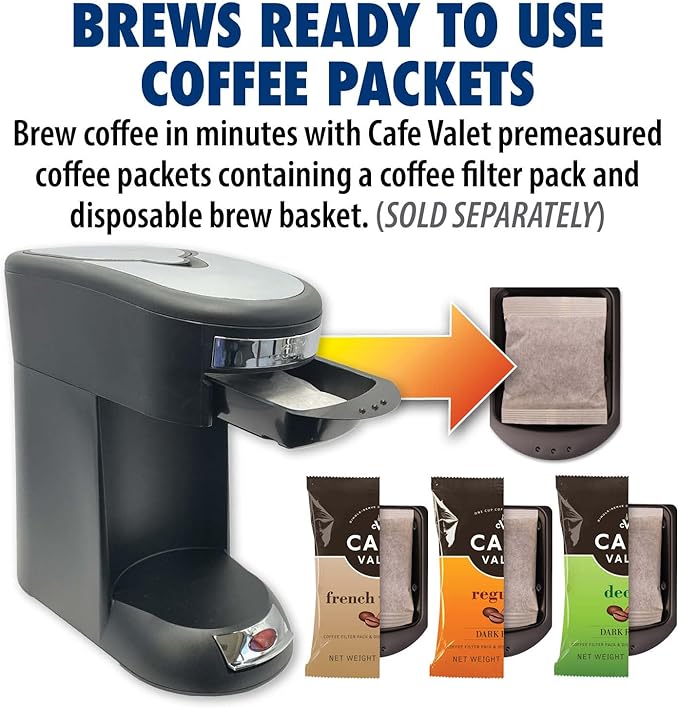 Café Valet Single Serve Coffee Maker, Brews 10 Ounces of Coffee or Hot Water, Compatible Coffee Packs