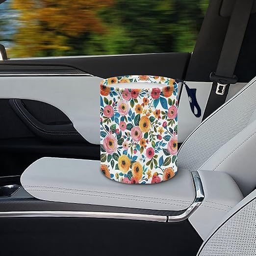 Daisy Rose Car Trash Can Foldable Rubbish Bin Basket Bag Hanging Cup Holder Organizer with Strap Mini Car Interior Accessories for Fit Most Cars, SUVs, Trucks