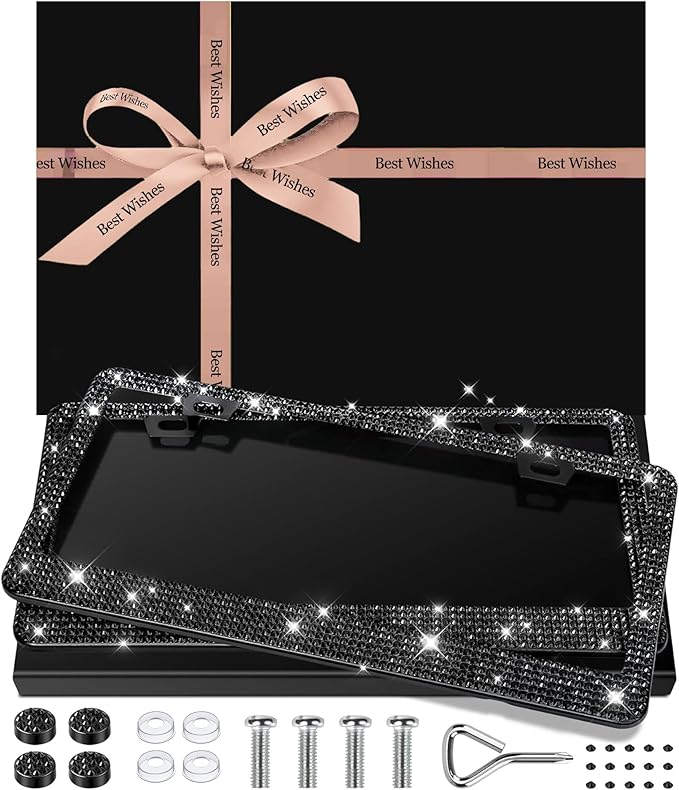 AUJEN Bling License Plate Frame for Women, Stainless Steel Cute Car Accessories, Lasting Sparkly License Plate Holder with Diamond Rhinestone Crystals, 2 Pack Gift Box Set, Pink & Black, 12.2" x 6.2"