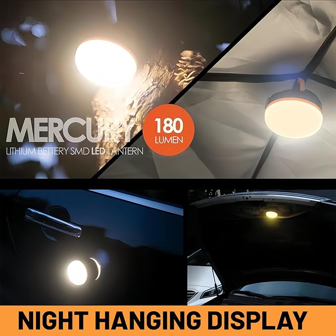 Portable LED Camping Lantern, Collapsible with Carabiner Hook in Eye-Catching Black and Orange – Your Go-to Gear for Nighttime Fun! Adventure Ready!