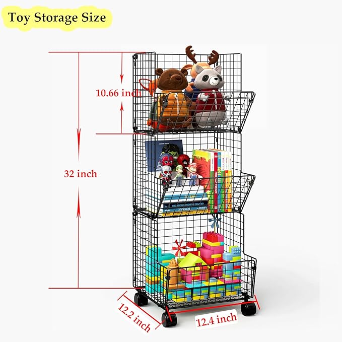 Outdoor Toy Storage Basket, Play Kitchen Organizer with 5 S-Hooks,3 Tier Rolling Storage Cart Garage, Pantry Floor Snack Cart with Wheels,Toy Shelf Dog Storage Organizer Kids Bookshelf