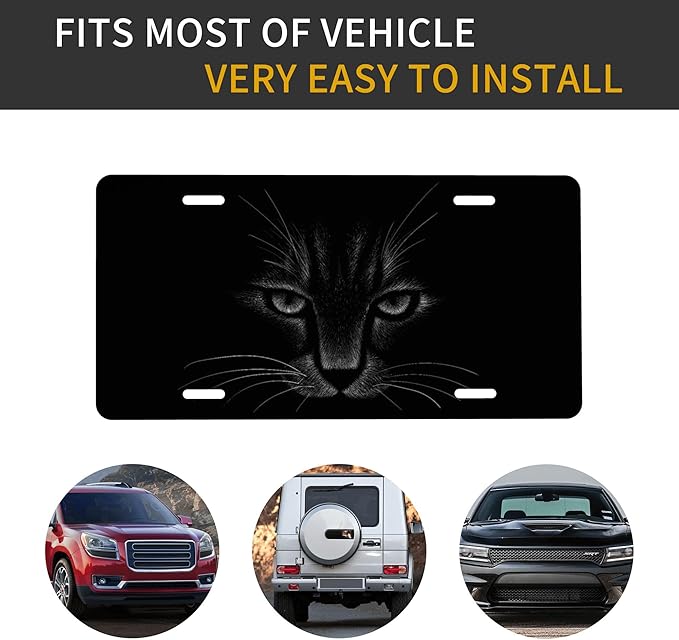 Front License Plate Black Cat Art Vanity Plates Aluminum Metal Decorative Car Tag Novelty License Plate Cover for Men Women 6 * 12 in (4 Holes)