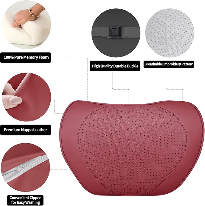 Car Neck Pillow Memory Foam Premium Leather Headrest Neck Support Cushion Universal for Driving Home Office, Red,2PC