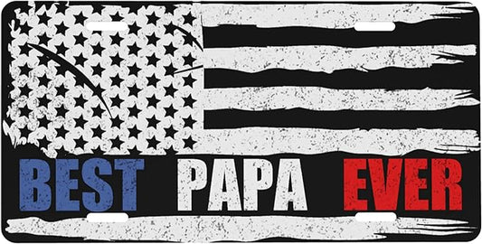 Front License Plate Father's Day Best Papa Ever Vanity Plates Aluminum Metal Decorative Car Tag American Flag Novelty License Plate Cover for Men Women 6 * 12 in (4 Holes)