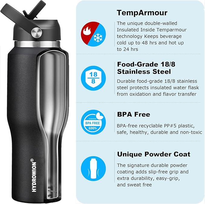 HYDROWION 40 oz Insulated Water Bottle with Straw fit in Car Cup Holder(Cold 48 hrs, Hot 24 hrs) Drinking Bottle with Straw Lid, Spout Lid and Flex Cap Leakproof Travel Thermo Mug,Black