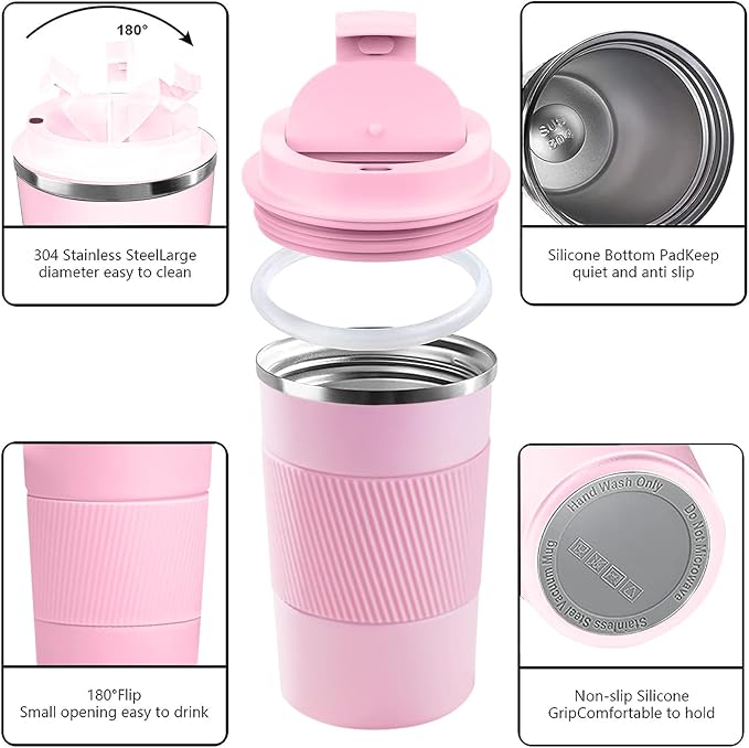 YINBAOGE Insulated Travel Coffee Mug, Spill & Leak Proof, Portable To Go Camping Stainless Steel Coffee Tumbler, Reusable Thermal Coffee Cup with Lid for Hot & Cold Drinks (Pink, 12 OZ)
