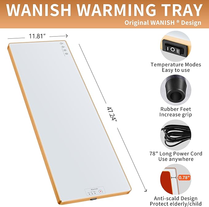 Electric Warming Tray (Extra Long 47.24”x11.81”),Food Warmers for Parties Buffet & Gathering, Tempered Glass Warming Mat for Food with Adjustable Temperature Modes, White Chafing Dishes