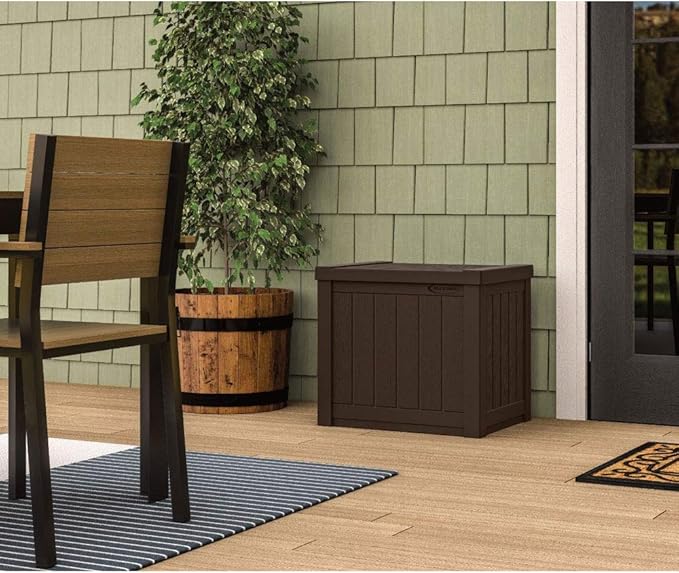 Suncast Small Outdoor Storage Box - 22 Gallon Java Resin Outdoor Deck Box, Flat-Lid Bench Seating, Patio Storage Bin Container for Organizing Tools, Cushions for Porch, Deck, Pool, & Garden
