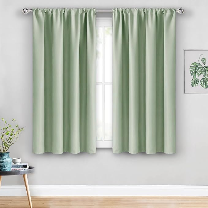 JIUZHEN Blackout Curtains for Bedroom - Thermal Insulated Room Darkening Rod Pocket Curtains for Living Room, Set of 2 Panels with Tiebacks, 38 x 54 Inch Length, Light Green