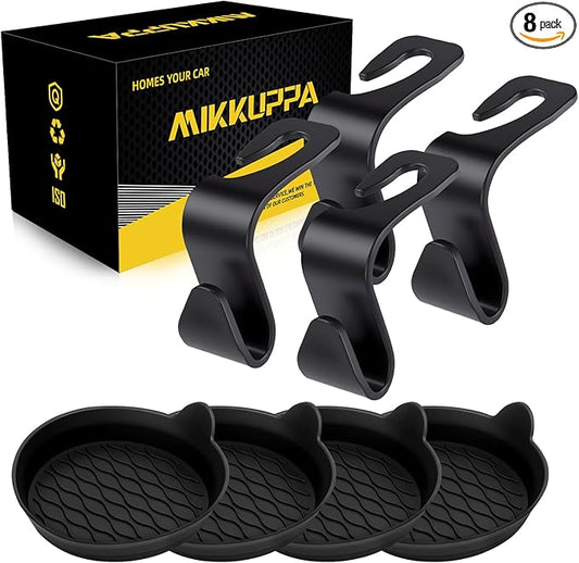 MIKKUPPA Car Seat Headrest Hook & Cup Holder Coaster - 4 Pack Universal Hanger Storage Organizer Hook for Bag Purse Coat, Non-Slip Silicone Cup Holder Insert, Car Essentials Interior Accessories