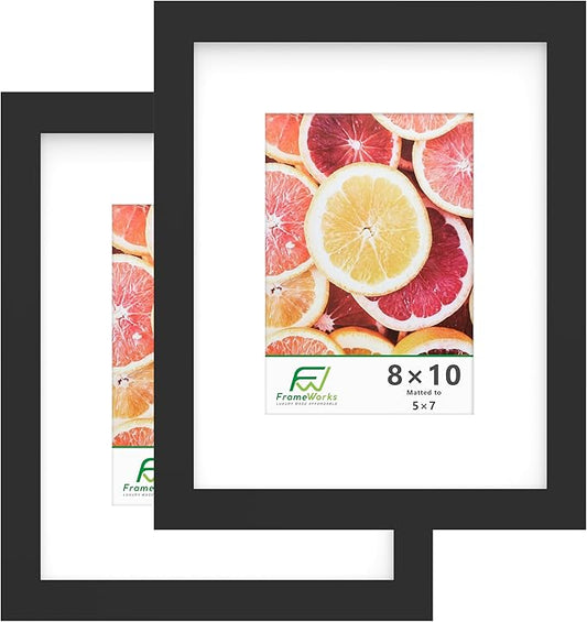 FrameWorks 2-Pack, 8x10 Matted to 5x7 Picture Frame, Black – Classic Wooden Photo Frame with Tempered Glass, Modern Matte Finish for Prints, Posters, Certificates & Wall Decor – Gallery-Ready
