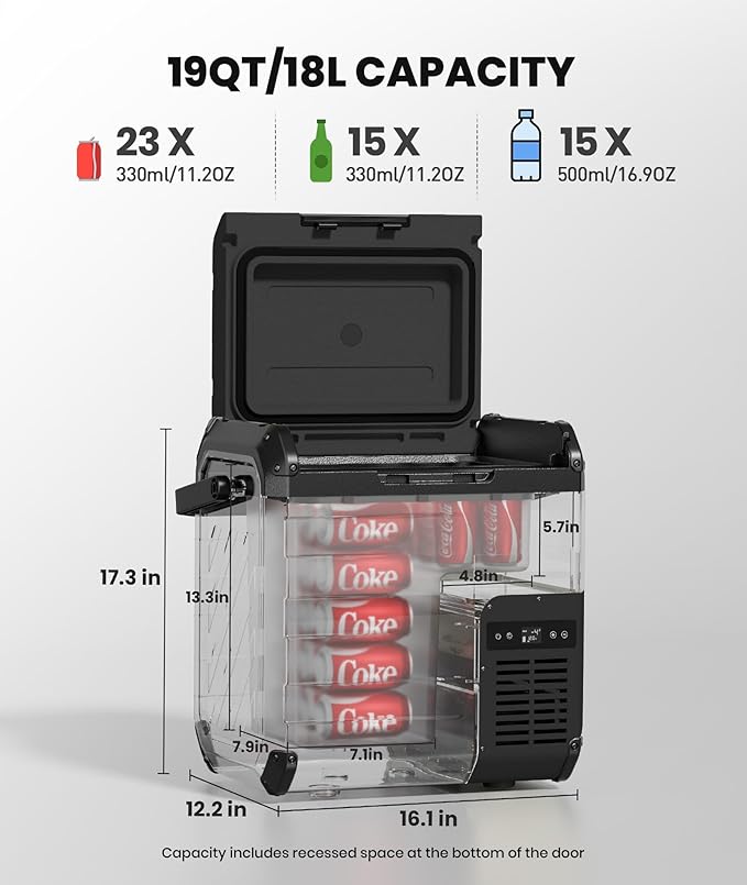 EENOUR D18 19Qt/18L 12V Car Refrigerator with Detachable Battery – Solar/AC/DC Powered Car Freezer, -4℉~50℉, Ultra-Quiet 12/24V Car Fridge for Camping, Road Trips, RV, Truck-Black