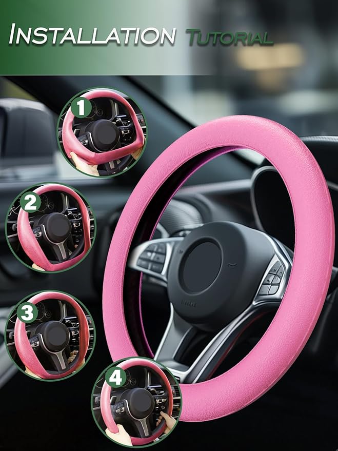 LRITER Car Steering Wheel Cover, Non-Slip Silicone Material, Multiple Color Choices, Universal Auto Parts Steering Wheel Cover, Suitable for Most Cars (Pink)