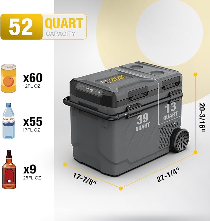 YELLOW JACKET 12v Car Refrigerator, 52-Quart Portable Freezer Electric Cooler with Wheels, 12V Car Fridge for Outdoor Camping Travel,12/24V DC 110~240 Volt AC Refrigerator for Home,RV, Offic
