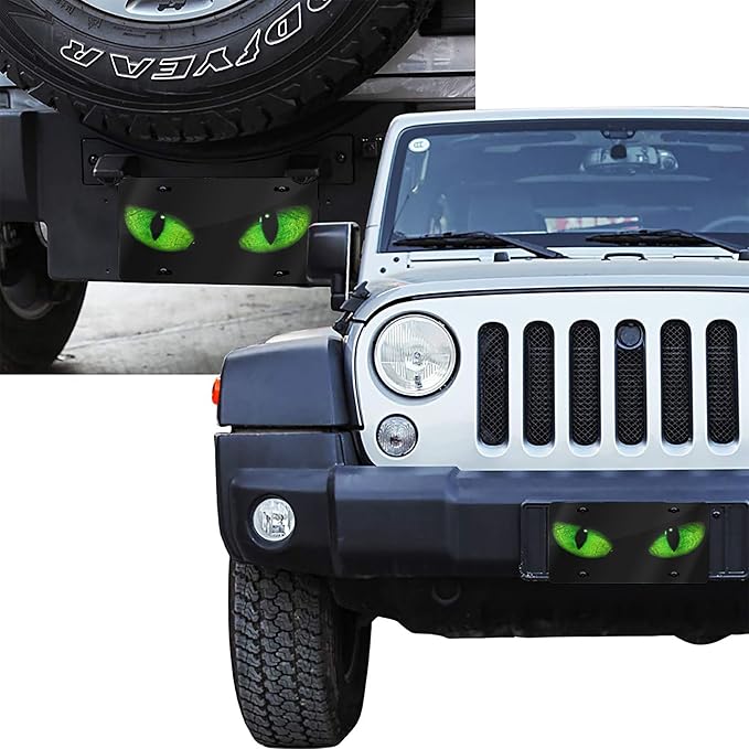 Front License Plate Green Cat Eye Vanity Plates Aluminum Metal Decorative Car Tag Face Novelty License Plate Cover for Men Women 6 * 12 in (4 Holes)