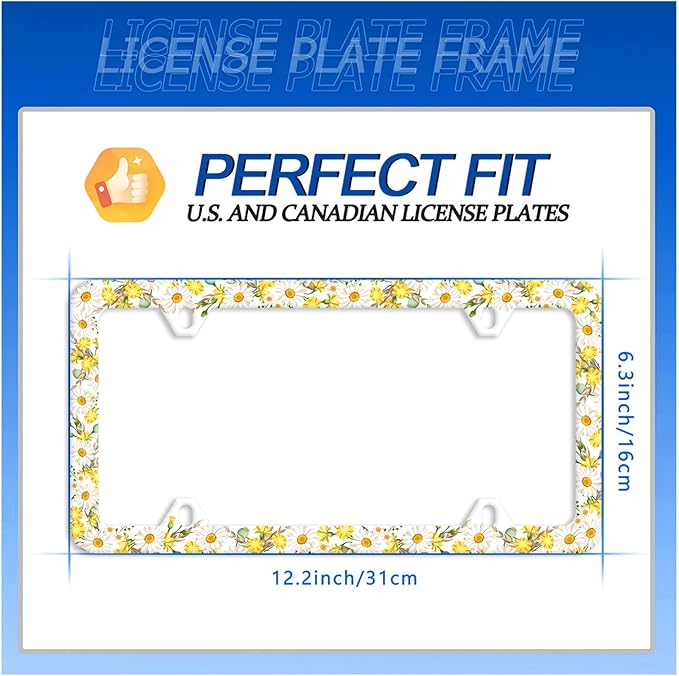Daisy Flower License Plate Frame Beautiful Floral License Plate Stainless Steel Auto Parts Funny License Plate Decorative with Screws Size 12.3" x 6.3"