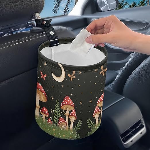 Cute Mushroom Moon Auto Garbage Bag Trash Can Leak Proof Waste Basket Container Bag Bin Hanging Cup Holder Organizer with Strap Mini Car Interior Accessories for Auto, Camping, Travelling