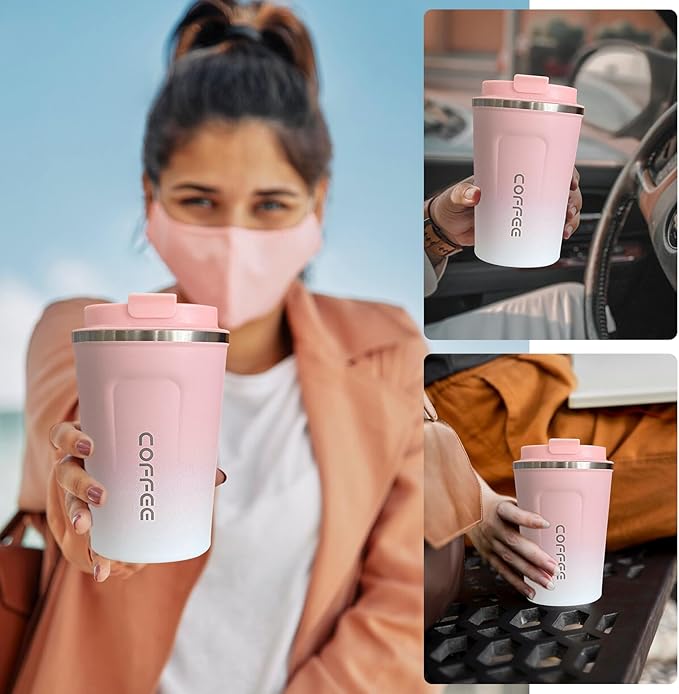 YINBAOGE Insulated Travel Coffee Mug, Spill & Leak Proof, Portable To Go Camping Stainless Steel Coffee Tumbler, Reusable Thermal Coffee Cup with Lid for Hot & Cold Drinks (2nd-Pink White, 17 OZ)