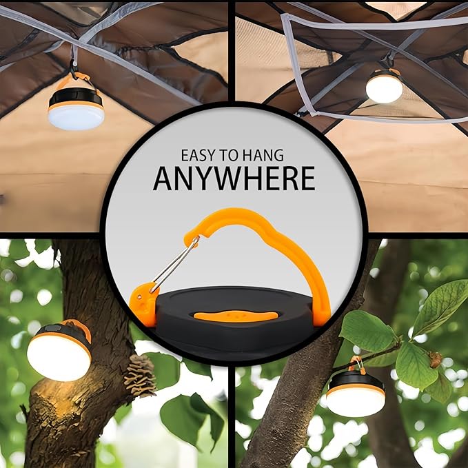 Portable LED Camping Lantern, Collapsible with Carabiner Hook in Eye-Catching Black and Orange – Your Go-to Gear for Nighttime Fun! Adventure Ready!