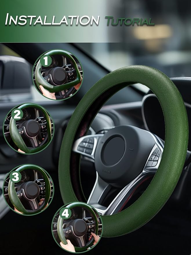 LRITER Car Steering Wheel Cover, Non-Slip Silicone Material, Multiple Color Choices, Universal Auto Parts Steering Wheel Cover, Suitable for Most Cars (Dark Green)