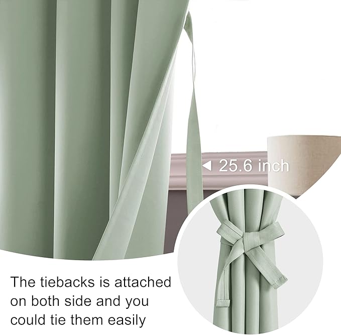 JIUZHEN Blackout Curtains for Bedroom - Thermal Insulated Room Darkening Rod Pocket Curtains for Living Room, Set of 2 Panels with Tiebacks, 38 x 54 Inch Length, Light Green