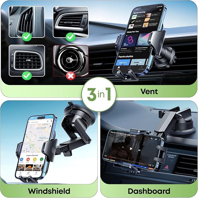 3-in-1 Cellphone Holder for Car - 360° Adjustable 2025 & Strong Suction Cup Phone Mount - Windshield Air Vent & Dashboard Cell Phone Holder - Truck Accessories Stand for iPhone Max 16 15 14