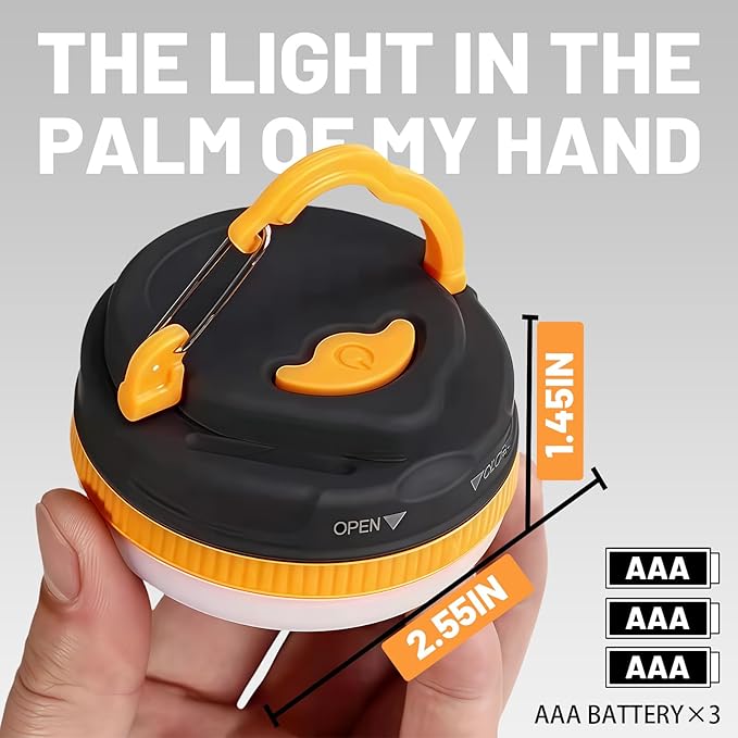 Portable LED Camping Lantern, Collapsible with Carabiner Hook in Eye-Catching Black and Orange – Your Go-to Gear for Nighttime Fun! Adventure Ready!