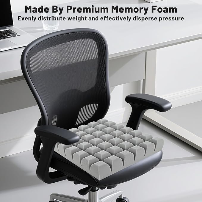 Waffle Seat Cushion Foam Pad – Relieves Back, Sciatica, Tailbone & Hip Pressure for Long Sitting – Ideal for Office Chair, Wheelchair, Recliner, Car Seat – 18x16x3 Inch, Gray
