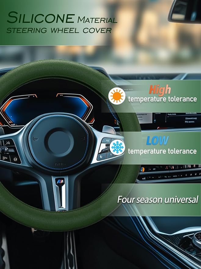LRITER Car Steering Wheel Cover, Non-Slip Silicone Material, Multiple Color Choices, Universal Auto Parts Steering Wheel Cover, Suitable for Most Cars (Dark Green)