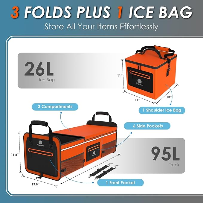 Car Trunk Organizer | 95L, 35"x13.8"x11.8" | 26L Ice Pack Included | Waterproof, Foldable | Trunk Organizers & Storage for SUV/Cars | For Men & Women - Orange-M004