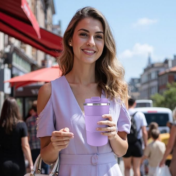 YINBAOGE Insulated Travel Coffee Mug, Spill & Leak Proof, Portable To Go Camping Stainless Steel Coffee Tumbler, Reusable Thermal Coffee Cup with Lid for Hot & Cold Drinks (Purple, 12 OZ)