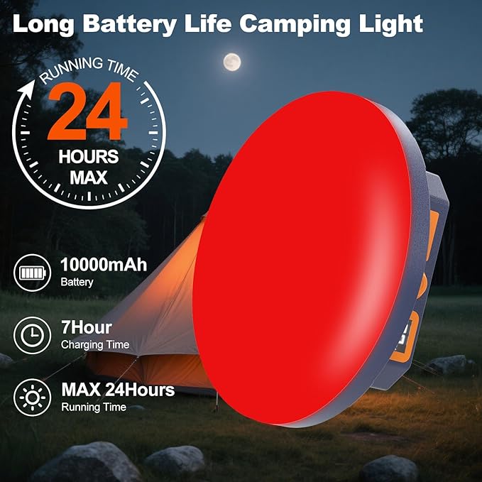 10000mAh Rechargeable Camping Light Insect Not Attract 4000LM Work Light White/Red/Pink/SOS Brightness Stepless Dimming, IP45 Waterproof Tent Light Power Failure (Remote)