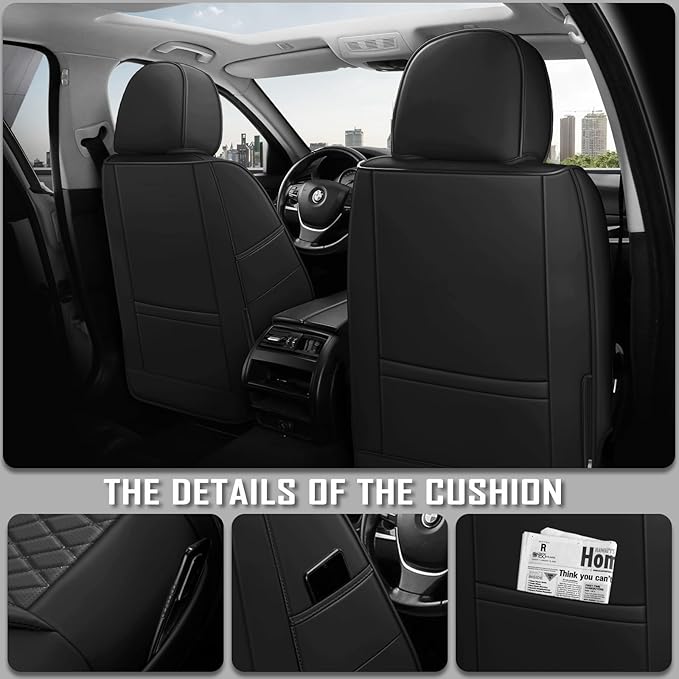 Premium Leather Car Seat Covers, Universal Fit for Cars SUVs Trucks and Sedans, Waterproof Car Seat Cushion with Airbag Compatible & Scratch-Resistant, Black Seat Covers for 5 Seats