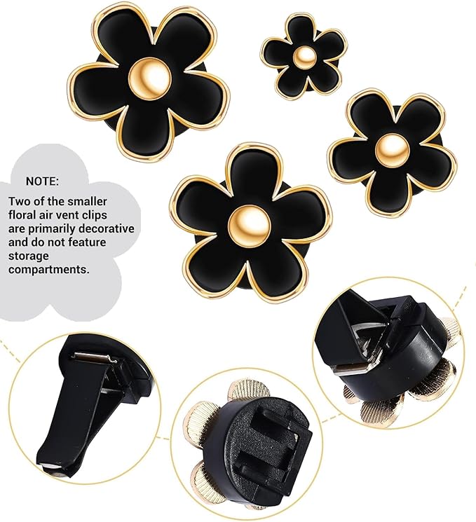 Daisy Flower Car Air Freshener Vent Clips, 4 Pcs Cute Car Accessories for Women Interior, Girly Decor Essentials, Truck Accessories, for Bathroom Office Pet Houses (Black, 3.1cm 2.9cm 2.2cm 1.6cm)